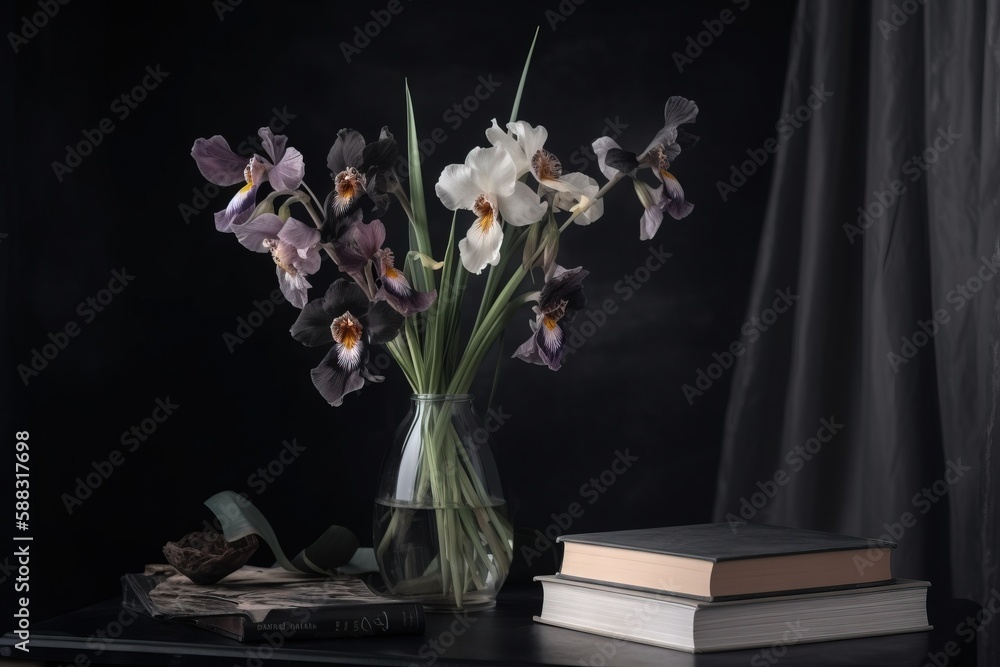  a vase of flowers sitting on a table next to a book and a pair of shoes on a table top with a black