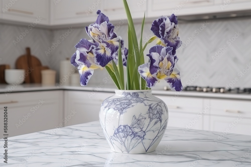  a white vase with purple and yellow flowers on a countertop in a kitchen with white cabinets and a 