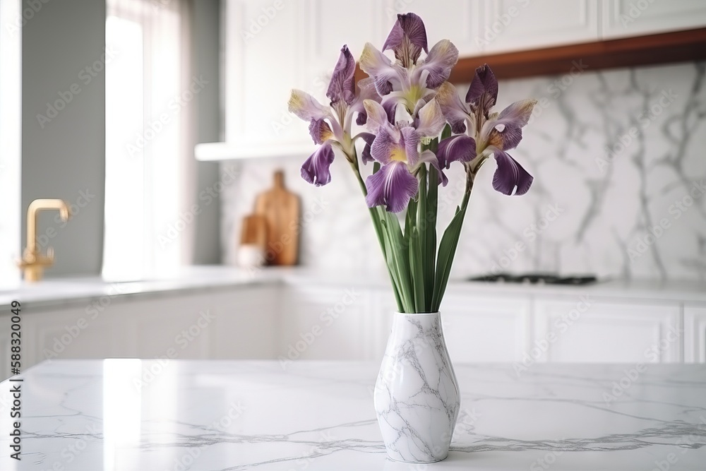  a marble vase with purple flowers in it on a kitchen countertop next to a sink with a faucet and a 