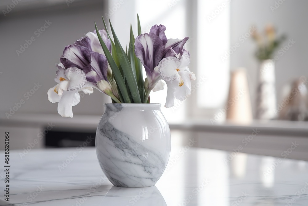  a marbled vase with purple and white flowers in it on a marble countertop in a white room with whit