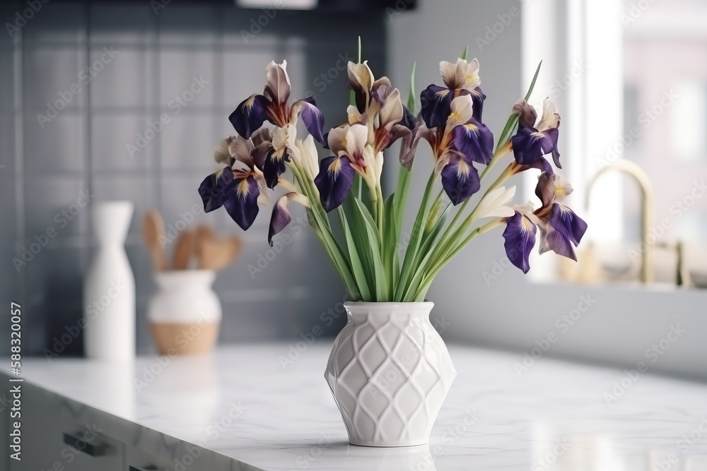  a white vase filled with purple and white flowers on a kitchen counter top next to a sink and a cou