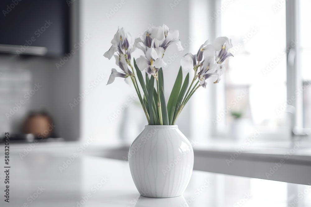  a white vase filled with white flowers on top of a counter top next to a window with a view of a ki