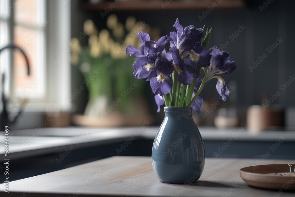  a blue vase filled with purple flowers sitting on a counter top next to a bowl of flowers on a wood