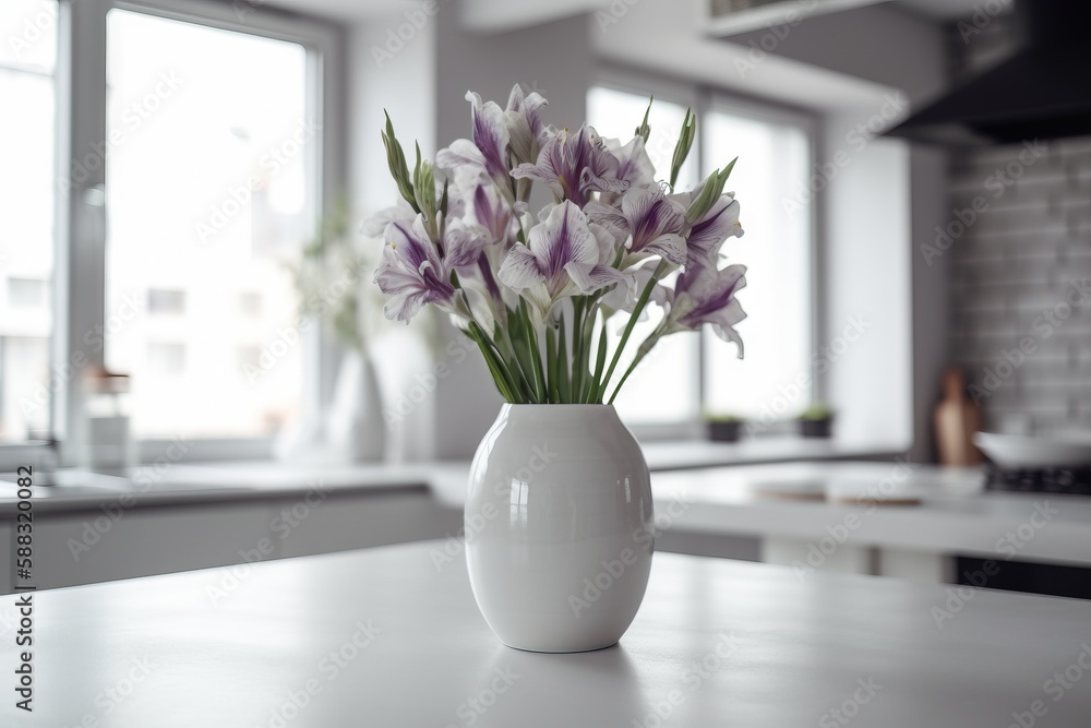  a white vase filled with purple flowers on top of a counter top next to a kitchen counter top with 