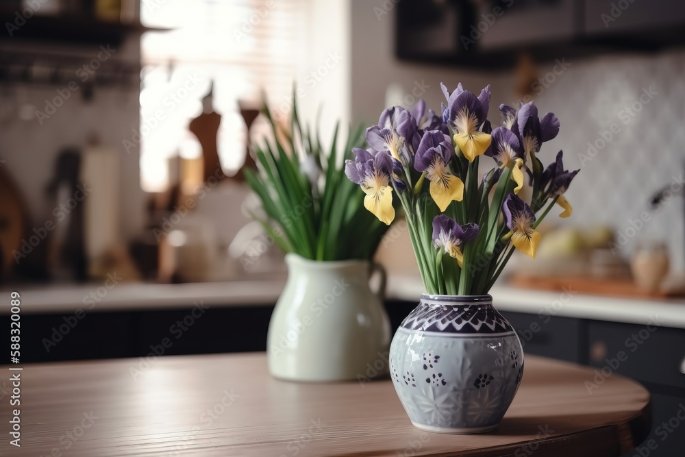  a couple of vases with flowers in them on a table in a room with a stove and a counter top with a c