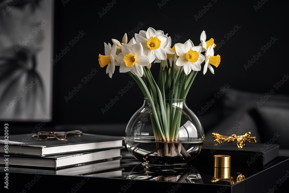  a glass vase filled with yellow and white flowers on top of a table next to a pair of glasses and a