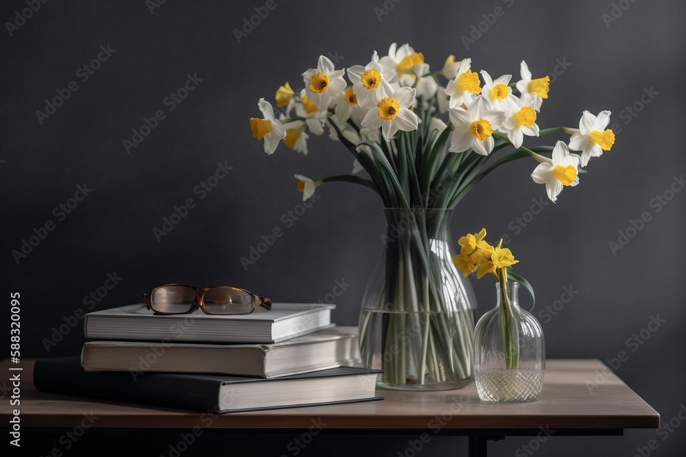  a vase of daffodils on a table with a stack of books and a pair of glasses on top of it next to a p