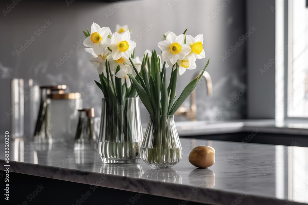  three vases with flowers in them on a counter top next to a window with a potted plant and a vase w