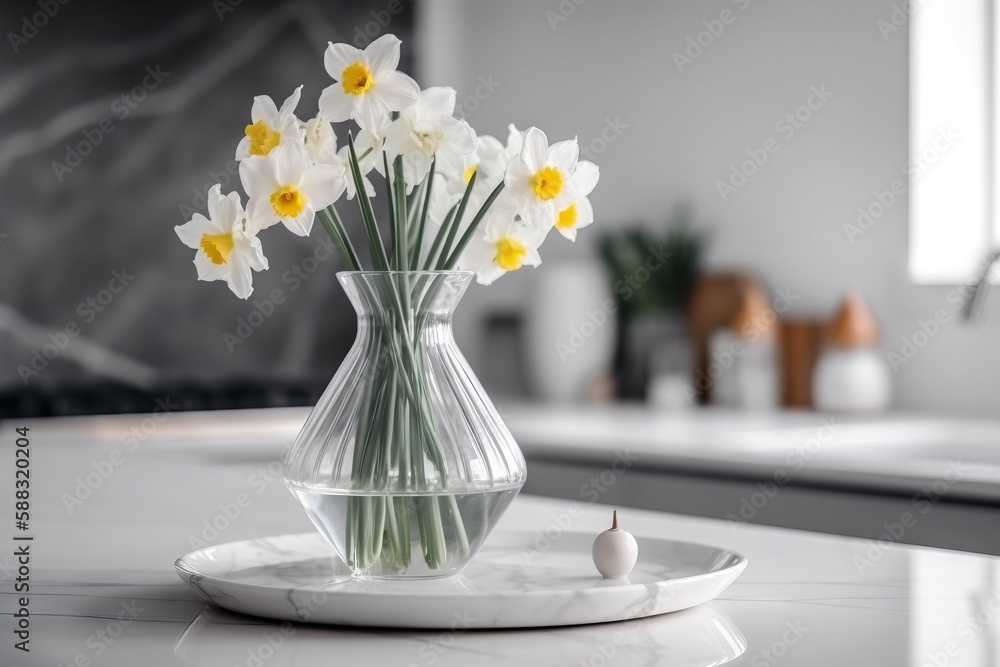  a glass vase with yellow and white flowers in it on a white plate on a countertop with a marble cou