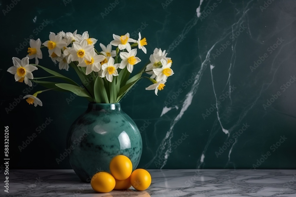  a green vase filled with white flowers and oranges on a marble counter top next to a marble wall an