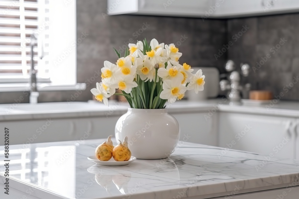  a white vase filled with yellow and white flowers on a kitchen counter top next to a sink and windo