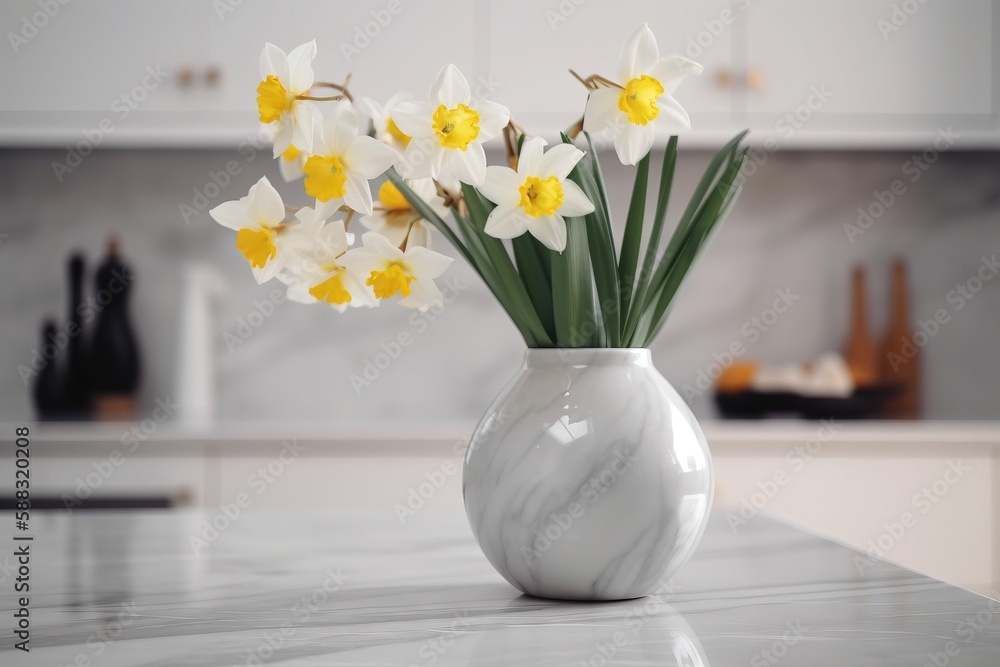  a white vase filled with yellow flowers on a counter top next to a marble counter top with white ca