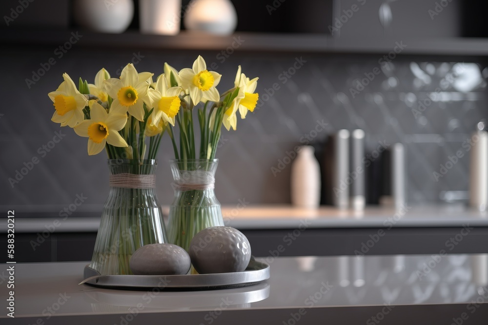  a couple of vases filled with flowers on top of a counter top next to a bowl of rocks and a vase wi