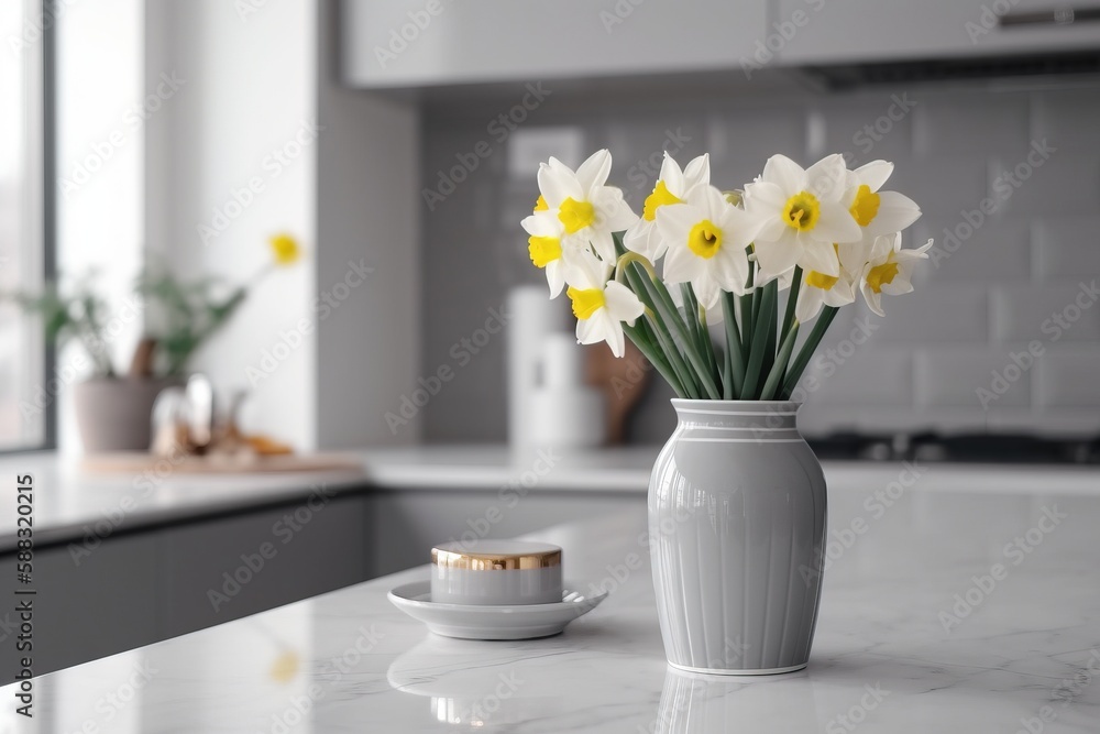  a vase of daffodils sits on a kitchen counter next to a cup of coffee and a saucer on a saucer.  ge