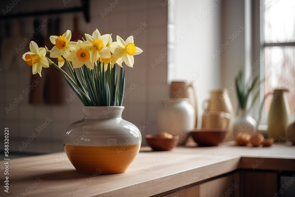  a white vase with yellow flowers in it on a counter top next to other vases and bowls on the counte