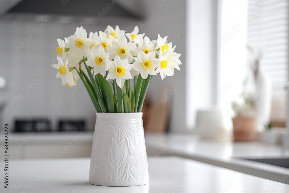  a white vase filled with yellow and white flowers on a counter top next to a sink and a counter top