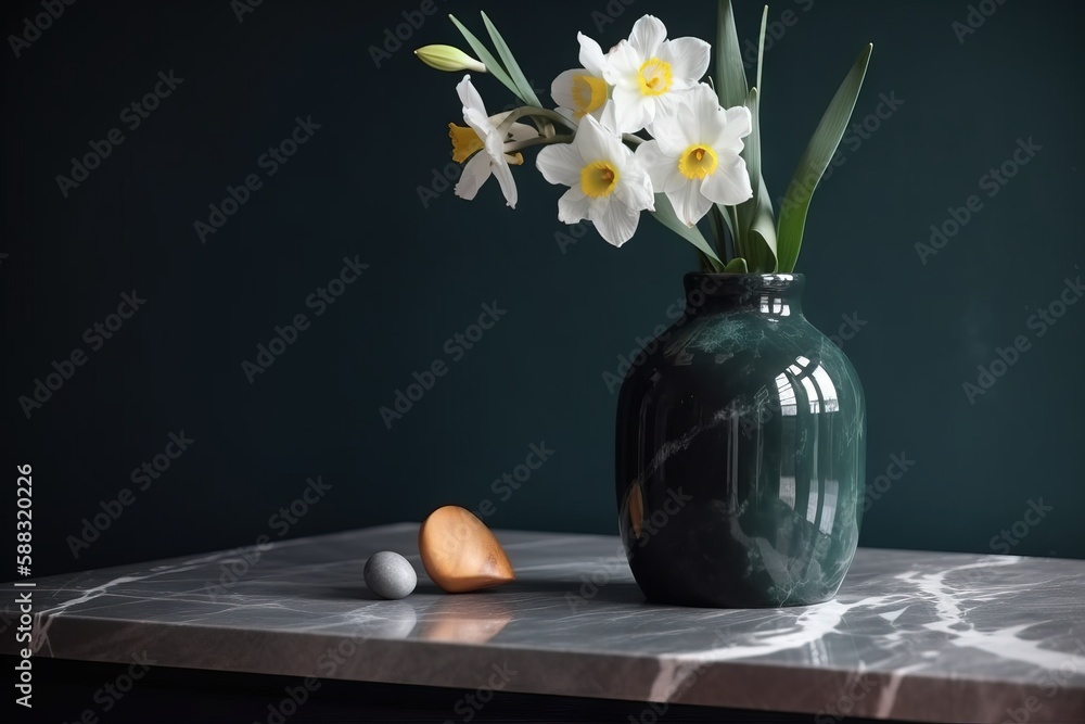  a green vase with white flowers on a marble table next to an orange egg and a green wall in the bac