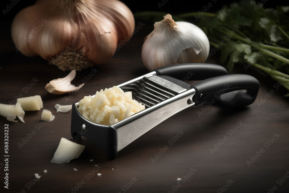  an onion slicer with onions and garlic on a wooden table next to garlic cloves and garlic cloves on