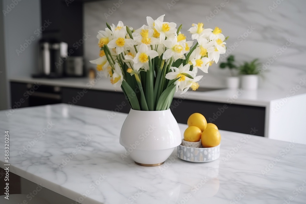  a white vase filled with yellow and white flowers on top of a counter next to a bowl of lemons and 