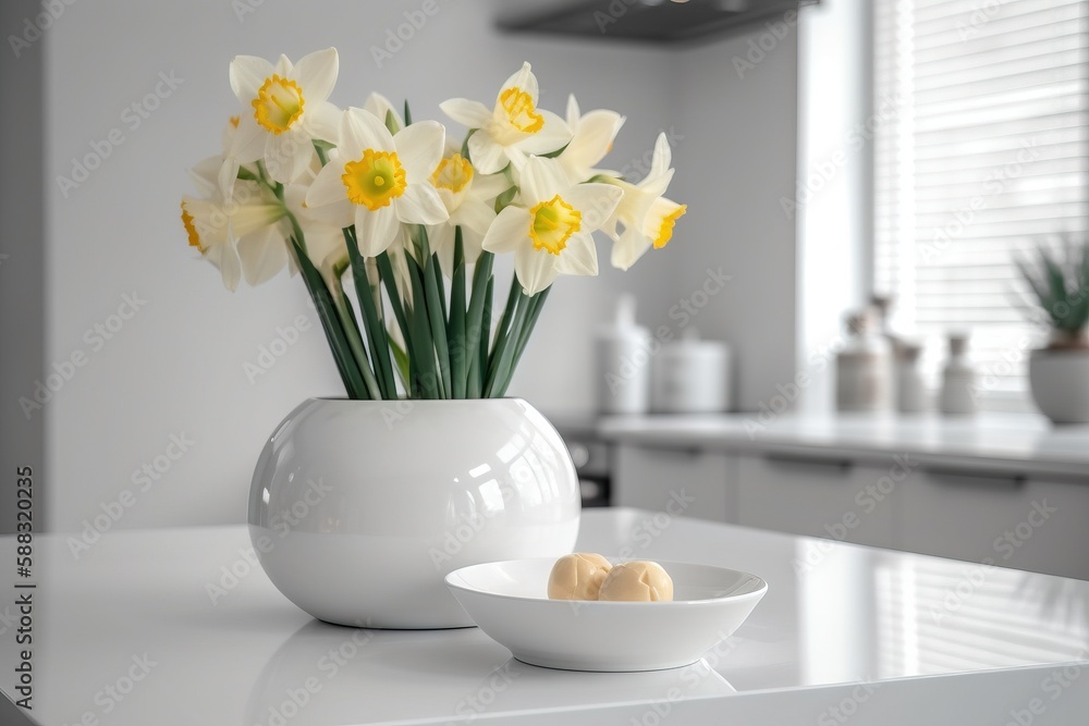  a white vase filled with yellow flowers on top of a counter next to a bowl of eggs on a white count