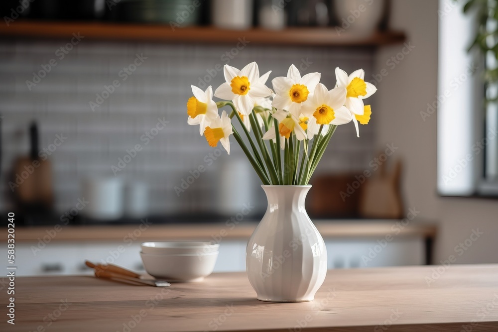  a white vase filled with yellow and white flowers on top of a wooden table next to a bowl of food a