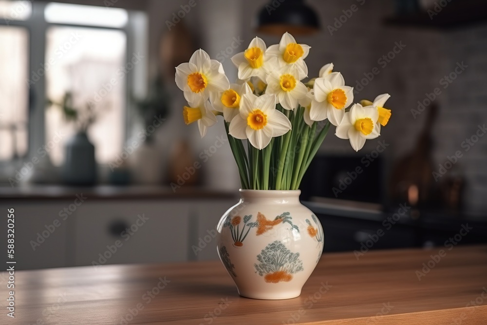  a white vase filled with yellow flowers on a counter top next to a kitchen sink and a stove top ove