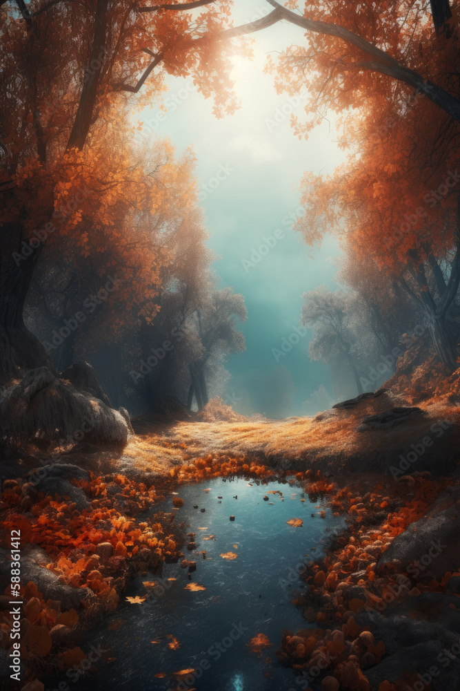 Magic Autumn Fall Background. Illustration AI Generative.