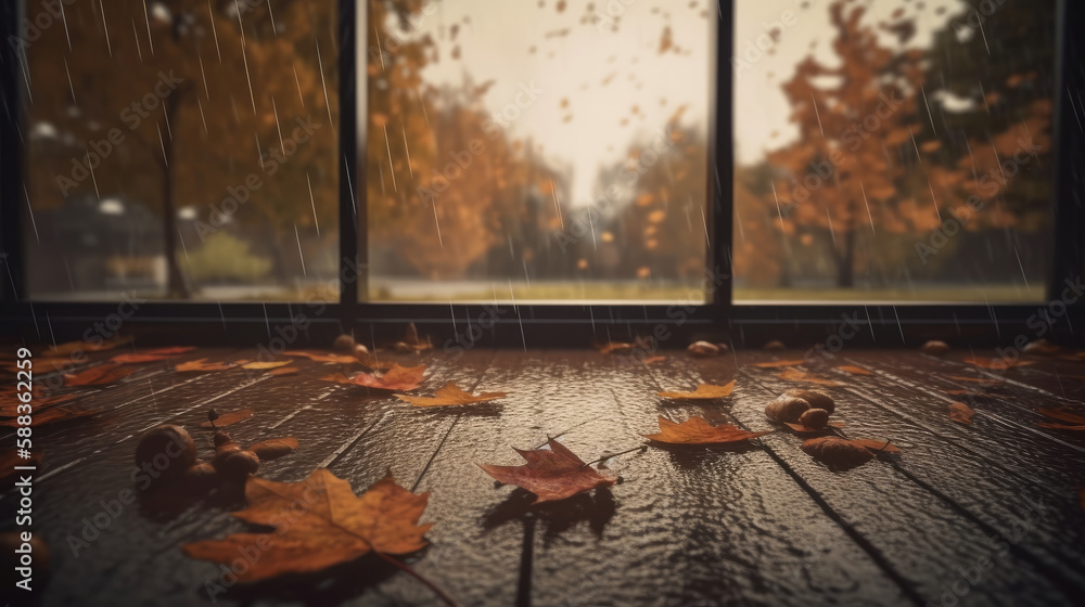 Autumn rainy background. Illustration AI Generative.