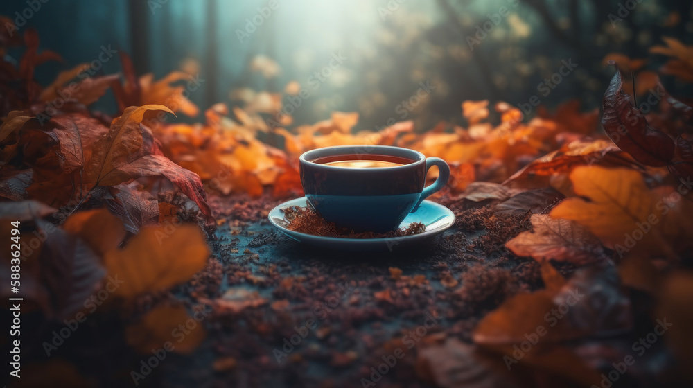 Autumn cozy coffee background. Illustration AI Generative.