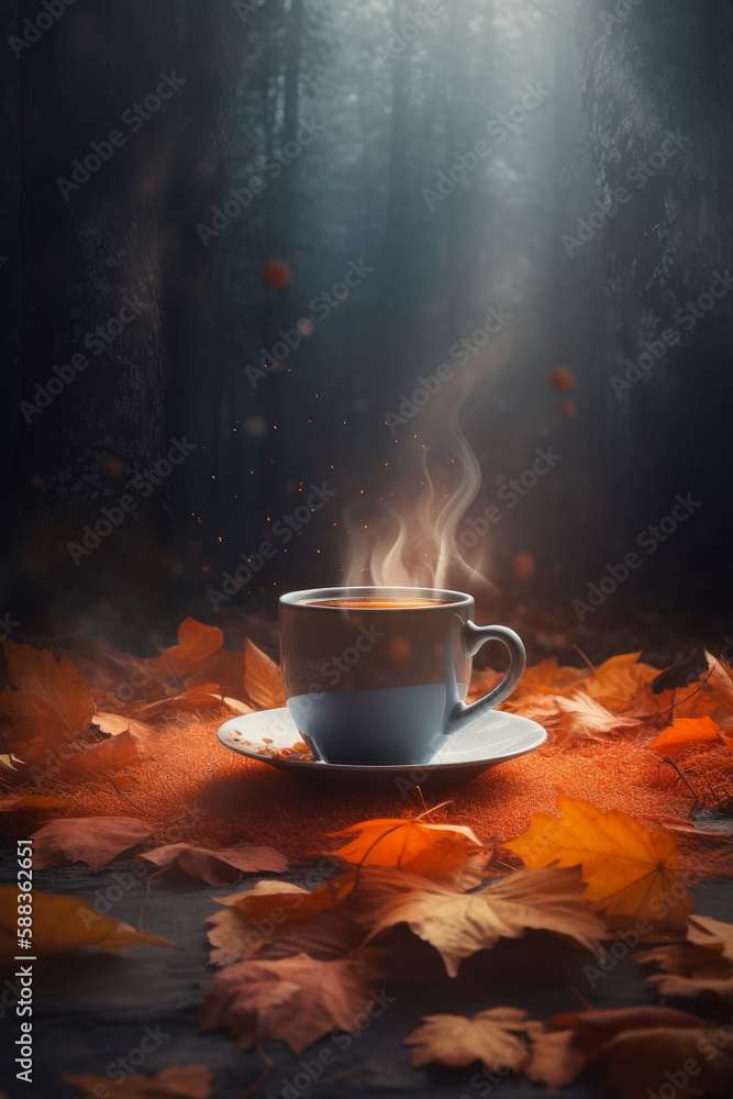 Autumn cozy coffee background. Illustration Generative AI