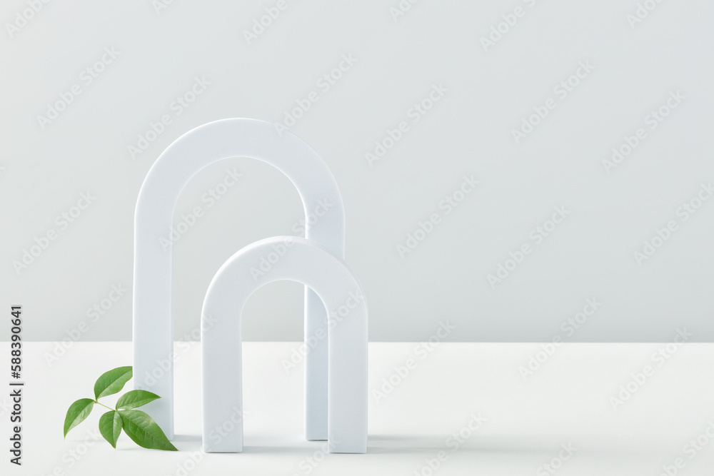 Cosmetic art deco arch display in pastel color for product presentation