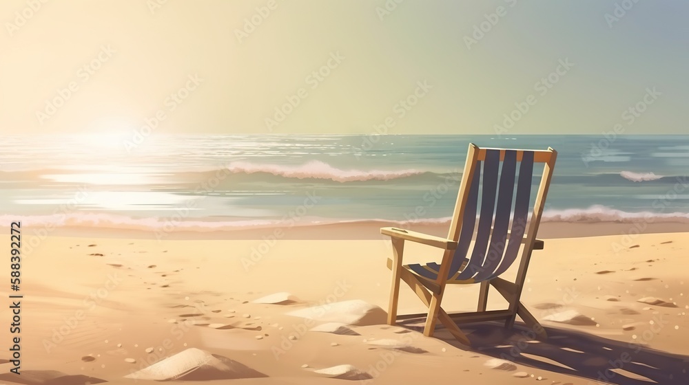 Beach chair on beautiful beach. Sunny day on a ocean shore. Travel paradise concept. Generative AI