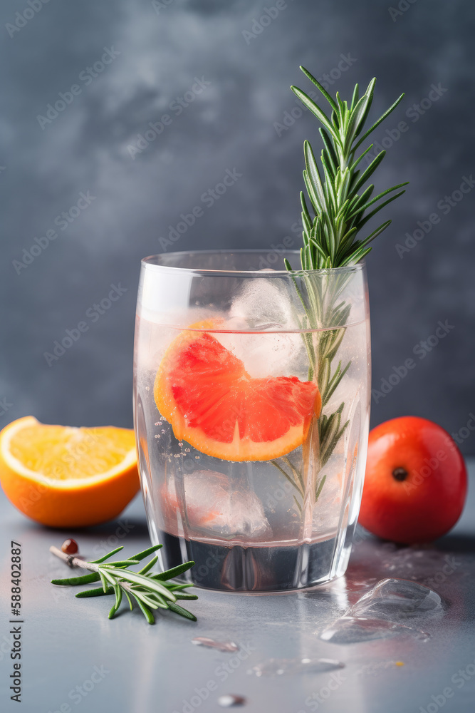 Cocktail of vodka and sprite with ripe fruits and rosemary Illustration AI Generative.