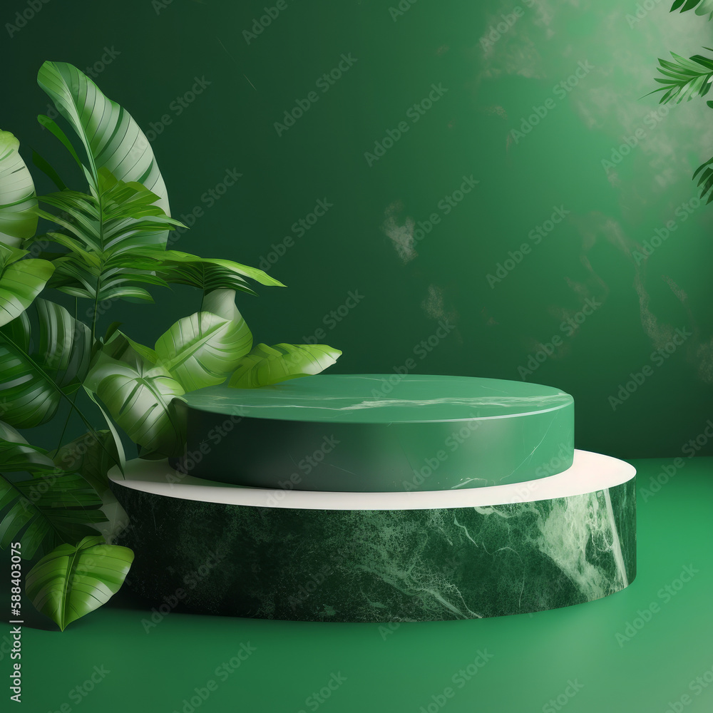 Natural stone podium with tropical leaves. Illustration AI Generative.