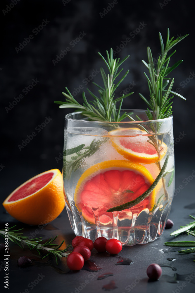 Cocktail of vodka and sprite with ripe fruits and rosemary Illustration AI Generative.