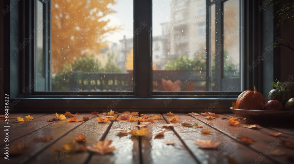 Autumn rainy background. Illustration AI Generative.