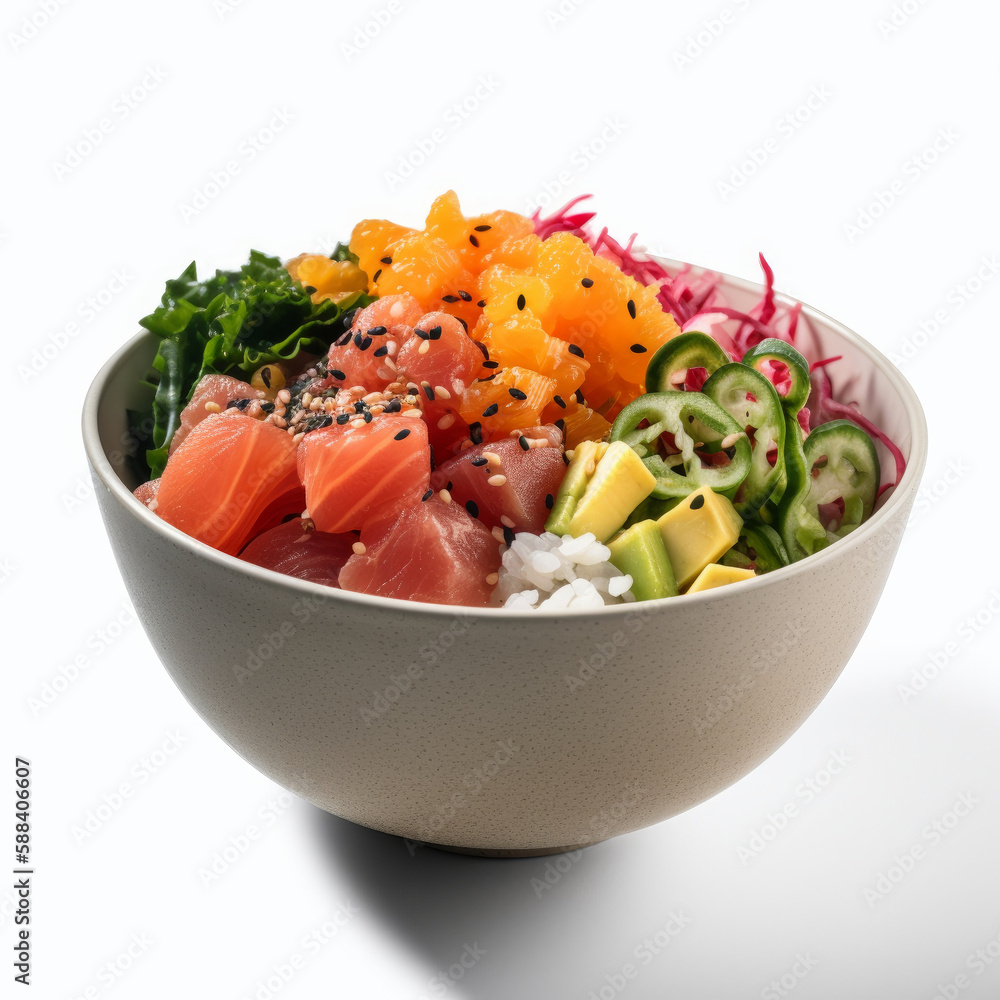 Poke bowl isolated on white background. Illustration AI Generative.