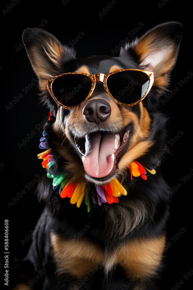 Cute dog in sun glasses. Illustration AI Generative.