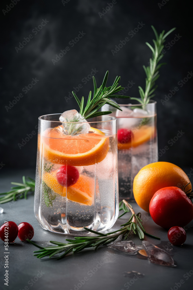 Cocktail of vodka and sprite with ripe fruits and rosemary Illustration AI Generative.