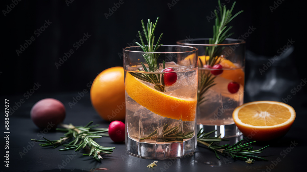 Cocktail of vodka and sprite with ripe fruits and rosemary Illustration AI Generative.