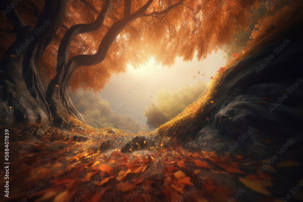 Magic Autumn Fall Background. Illustration AI Generative.