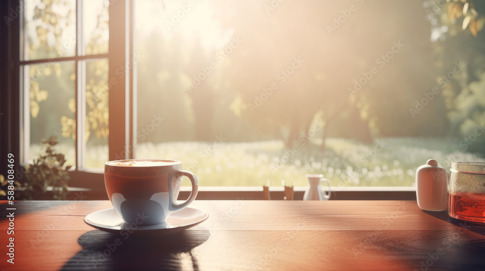 Summer morning with coffee cup. Illustration AI Generative