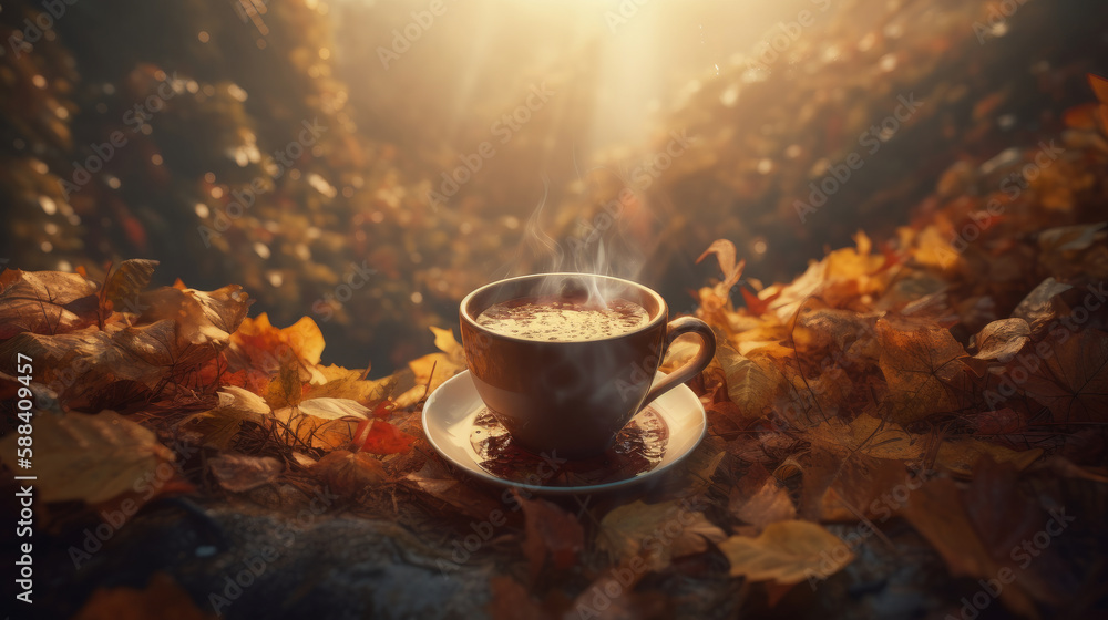 Autumn cozy coffee background. Illustration AI Generative.