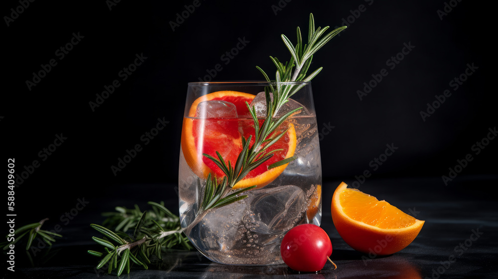 Cocktail of vodka and sprite with ripe fruits and rosemary Illustration AI Generative.