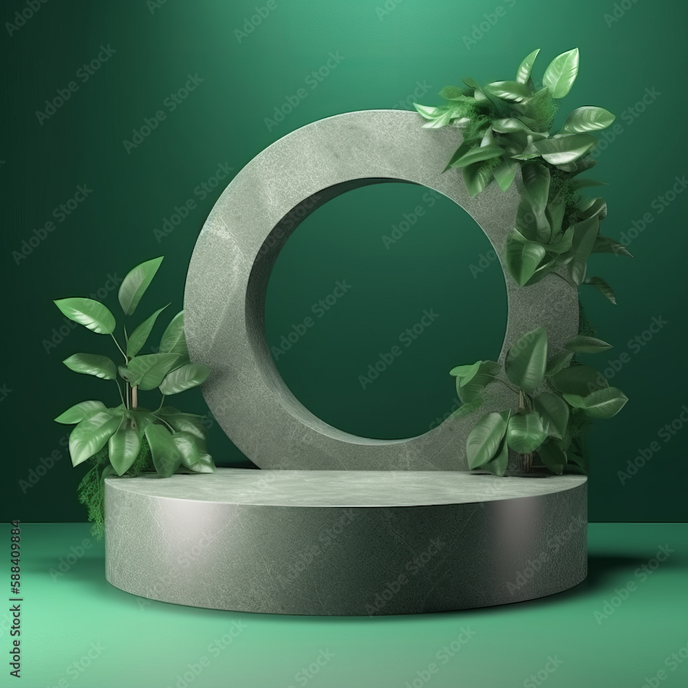 Natural stone podium with tropical leaves. Illustration AI Generative.