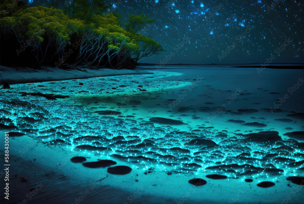 Tropical sea night beach with bioluminescent plankton. Trees and a starry sky. Generative AI.