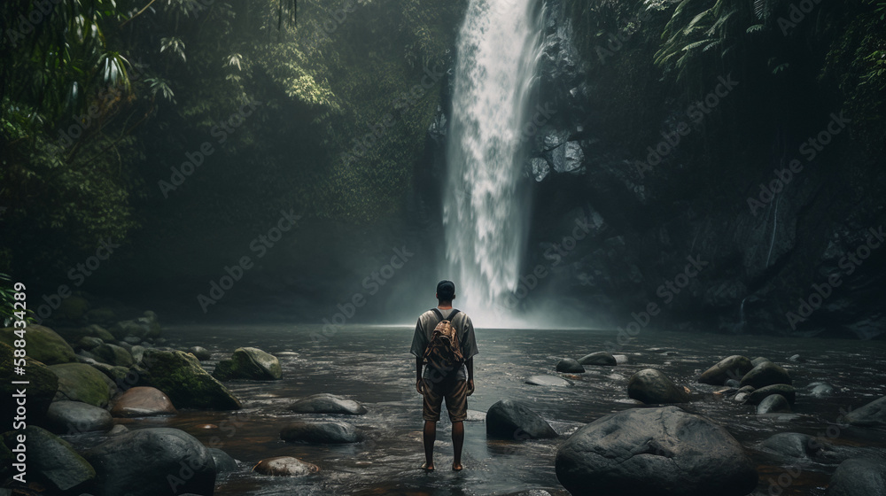  Image Generated AI. Man standing in front a waterfall