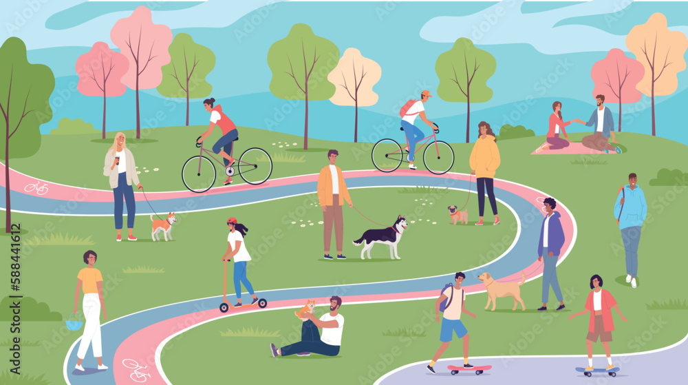 Crowd of people walking with their cute pets, cycling, relaxing in spring blossom park