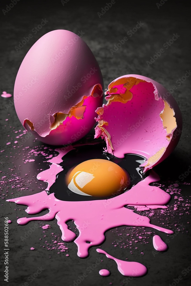 Pink color egg shell broken, liquid yolk. Generative ai