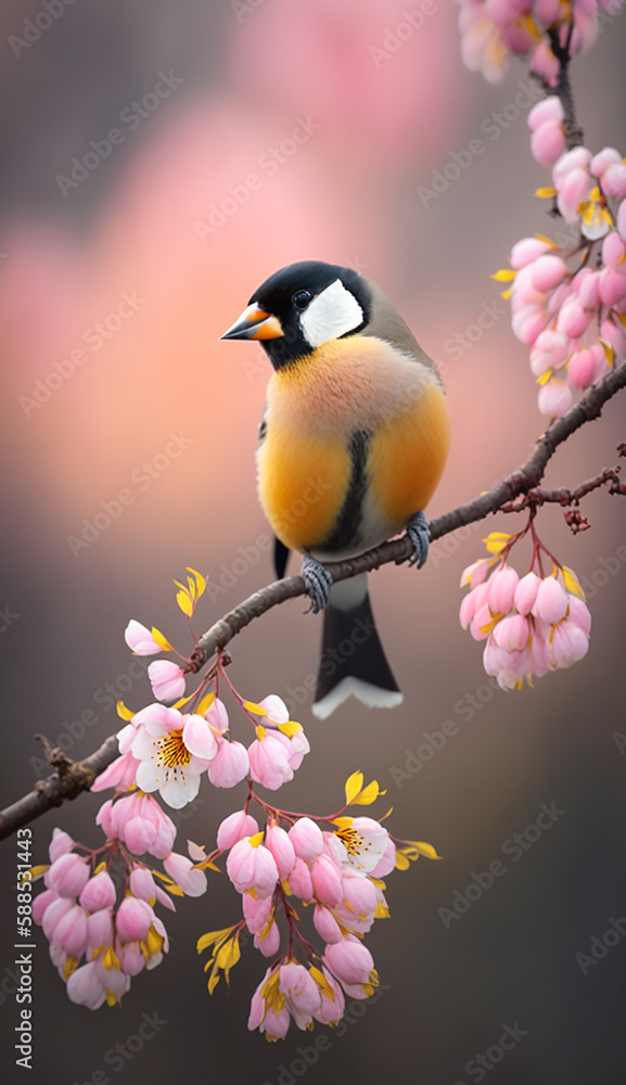 Beautiful little yellow bird in pink blossom tree. Generative ai